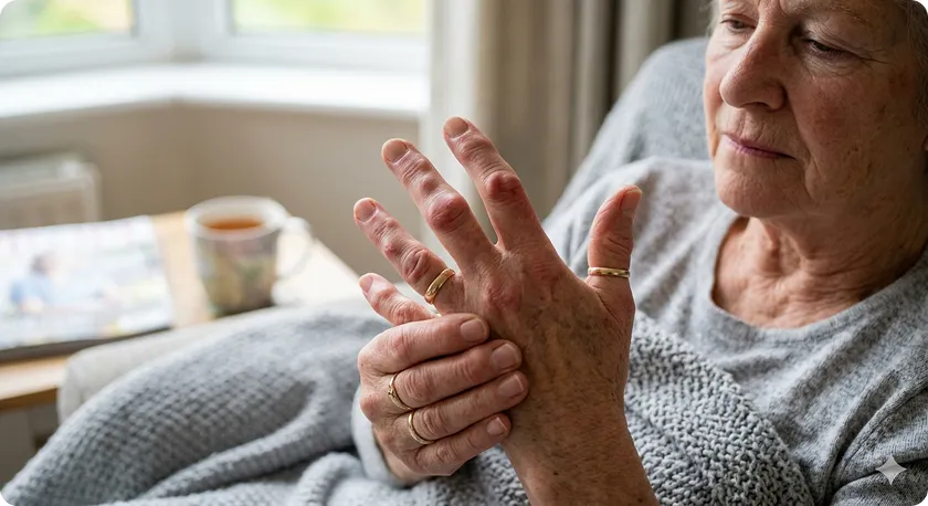 Close-up of elderly woman showing swelling from arthritis in fingers and inflamed knuckles.