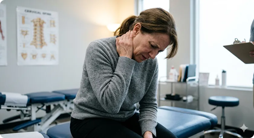 Senior woman experiencing severe neck and shoulder pain at the base of skull during a medical checkup.