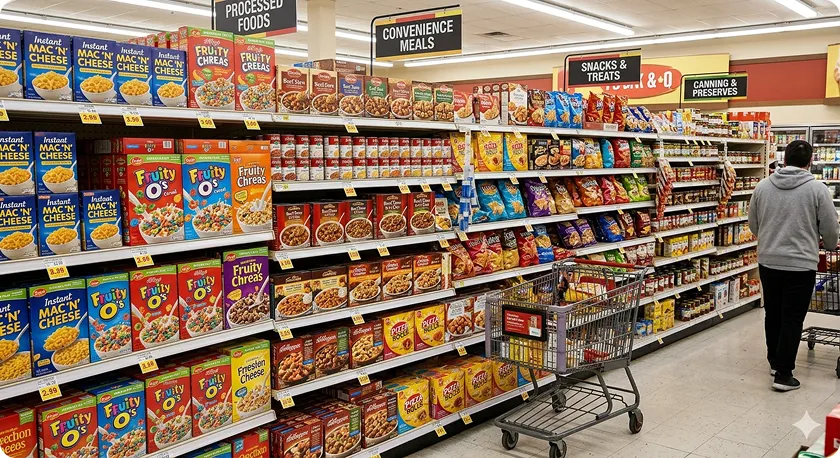 Supermarket aisle with processed snacks and foods that are difficult to digest.