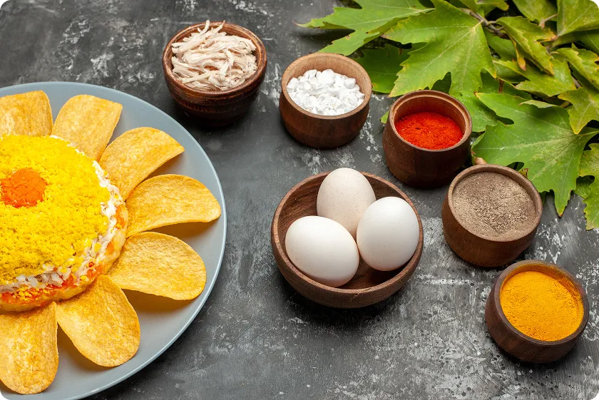 Healthy ingredients for gout diet with eggs, spices, and natural treatments