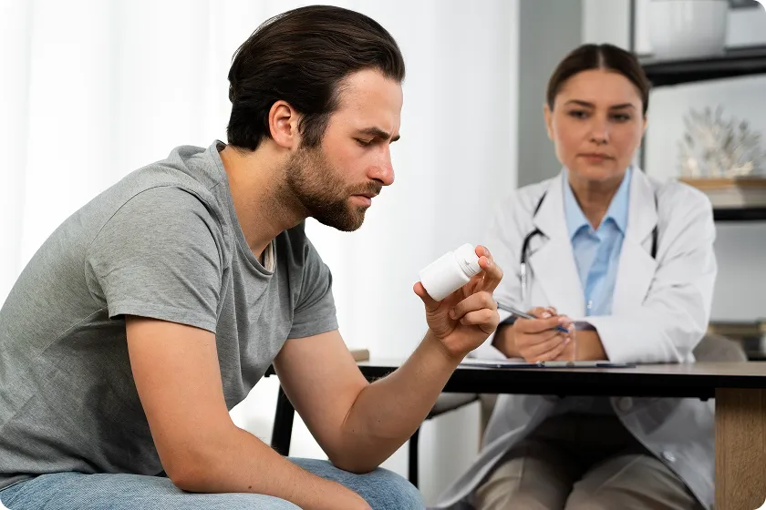 Patient questions medication bottle under hyperlipidemia guidelines consultation