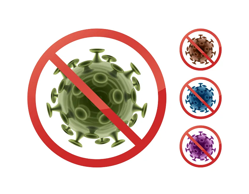 Stop sign over harmful microorganisms showing examples of pathogens blocked.