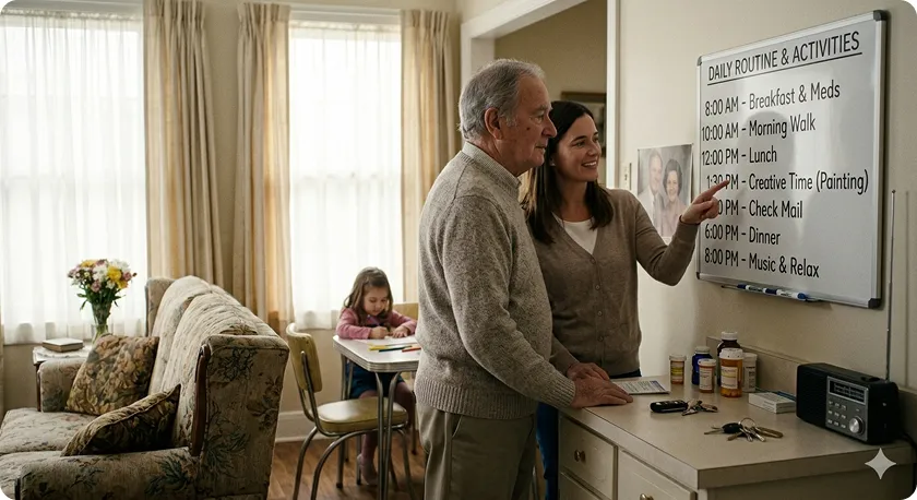 Family reviewing photo albums with elderly relative, promoting mental stimulation for dementia patients.