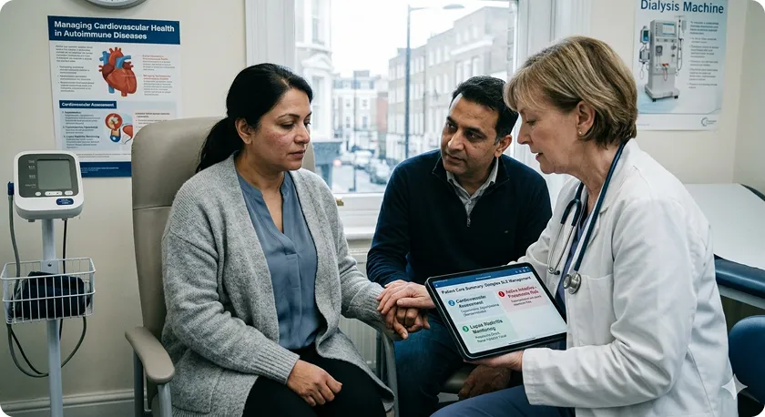 A doctor explains complex SLE management options to a patient concerned about life expectancy with lupus disease.