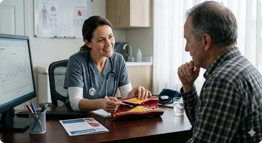 Nurse explains artery plaque model for dyslipidemia guidelines