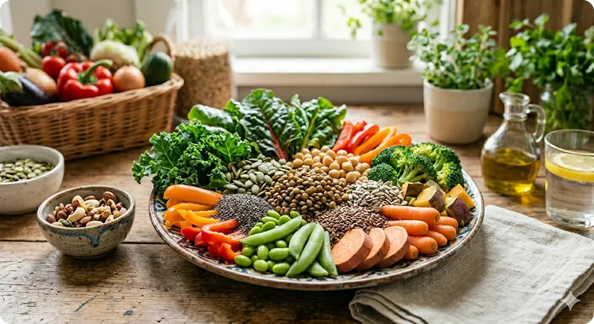 A colorful platter of legumes and vegetables explaining what foods help with constipation.