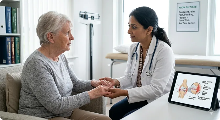 Doctor explaining common signs of arthritis in fingers to a patient during a consultation.