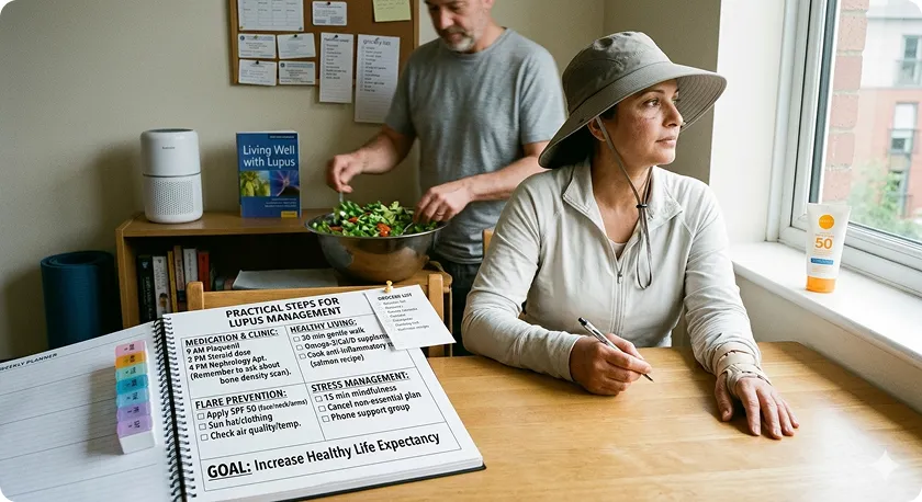 A woman fills out a daily management planner to maximize her lupus average lifespan and wellness.