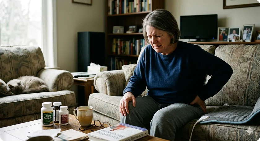Distressed woman on sofa using a heating pad to soothe menopause muscle pain.