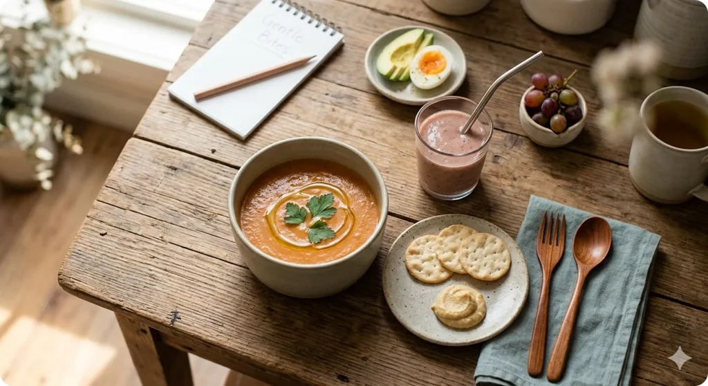 A spread of nutrient-dense soup and small snacks as ways to increase appetite.