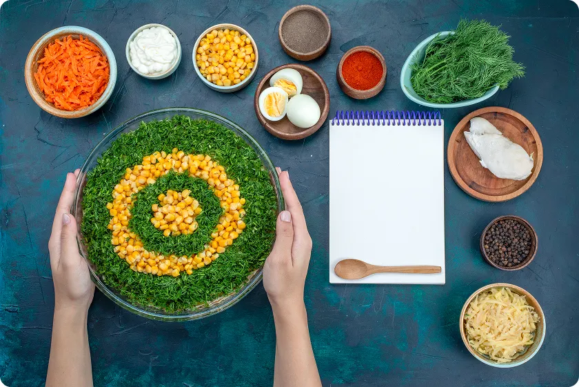 Vegetables, boiled eggs, and spices arranged for DASH diet gout planning