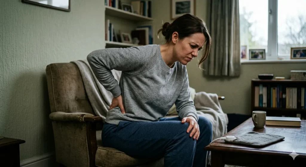 A woman sitting in an armchair holding her lower back due to body aches at night.