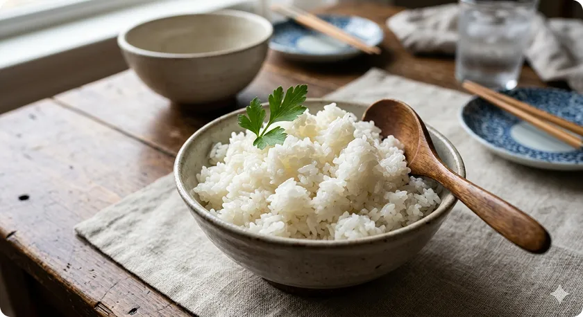 A bowl of plain white rice, illustrating what foods can cause constipation.