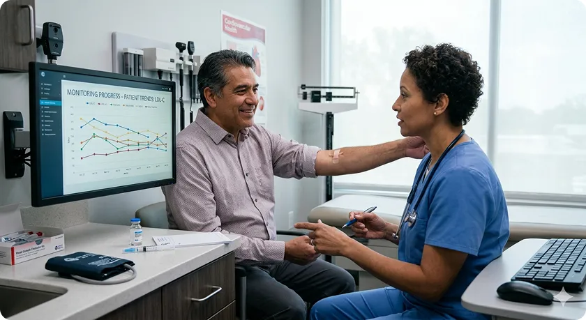 Doctor tracks progress chart while planning therapy for dyslipidemia
