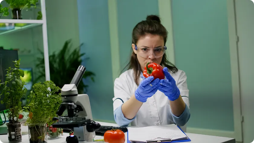 Scientist examines food for harmful microorganisms, highlighting microorganisms and humans.