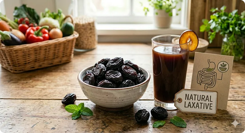 Prunes and prune juice labeled as powerful foods that relieve constipation naturally.