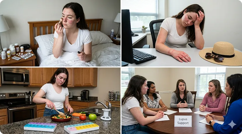 A collage of a woman managing symptoms and attending support groups to improve her lupus longevity.