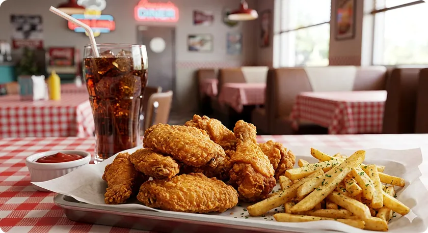 Fried chicken and greasy fries are foods that cause constipation easily.