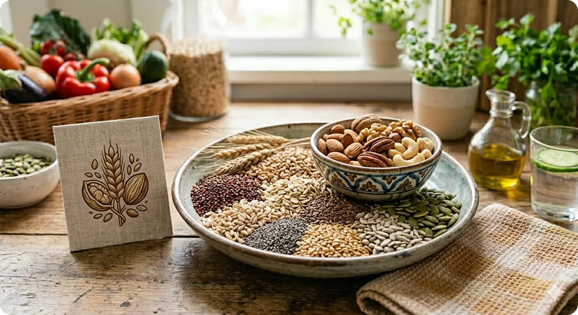 A diverse selection of seeds and nuts to show what foods help with constipation.