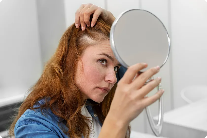 Woman checking hair thinning in mirror for early signs of lupus in females.