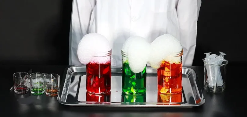 Foaming laboratory experiment illustrating a biphasic reaction after exposure