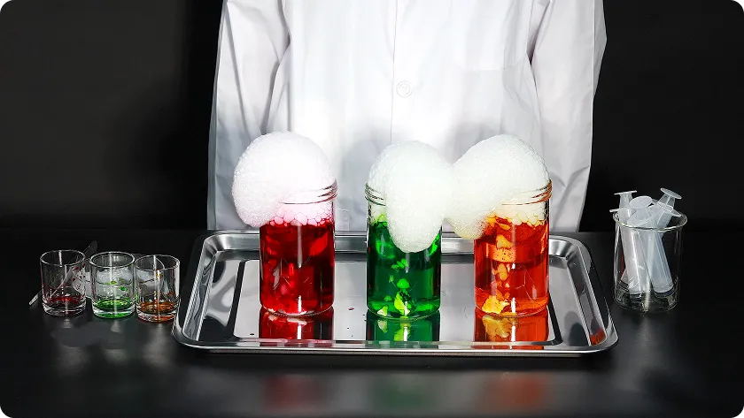 Foaming laboratory experiment illustrating a biphasic reaction after exposure