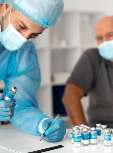 Clinician reviews quadrivalent flu vaccine paperwork before senior appointment