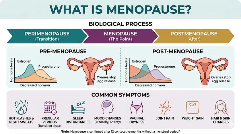 Hormone levels chart detailing perimenopause and progesterone changes and common symptoms.