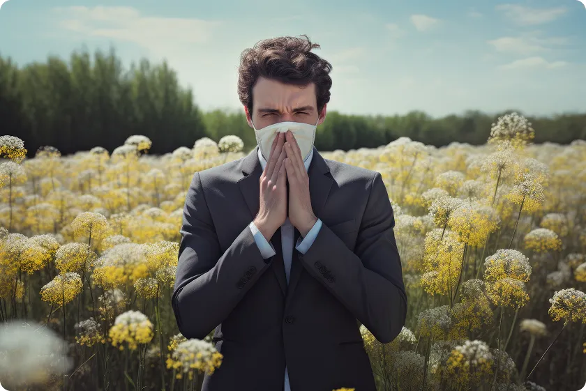 A man managing tree pollen allergy symptoms with tissue in a flower field