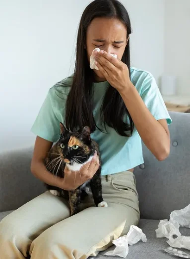 Woman holding cat experiencing symptoms for cat allergy treatment at home