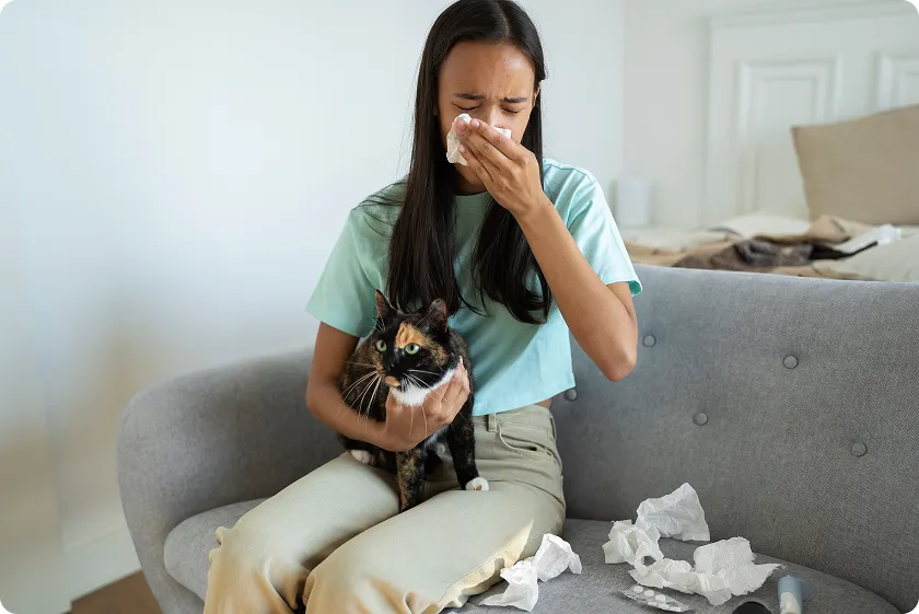 Woman holding cat experiencing symptoms for cat allergy treatment at home