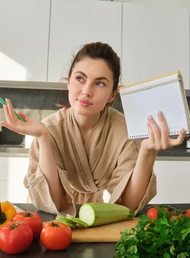 Woman planning her healthy grocery list and meals to follow a diverticulosis diet.