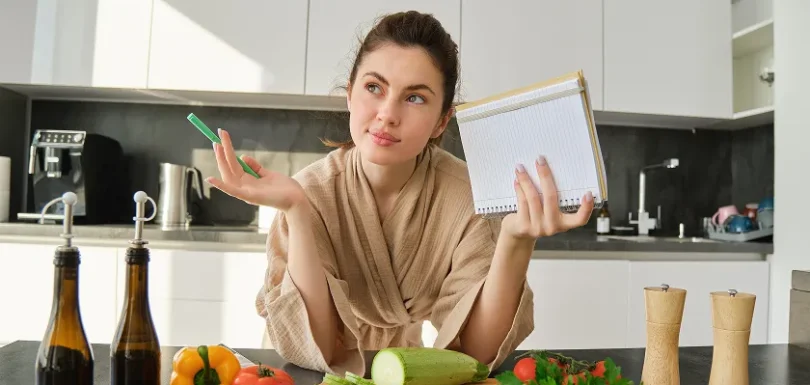 Woman planning her healthy grocery list and meals to follow a diverticulosis diet.