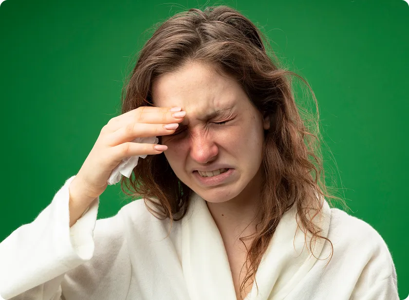 Sequence of a woman expressing pain and irritation from dust allergy