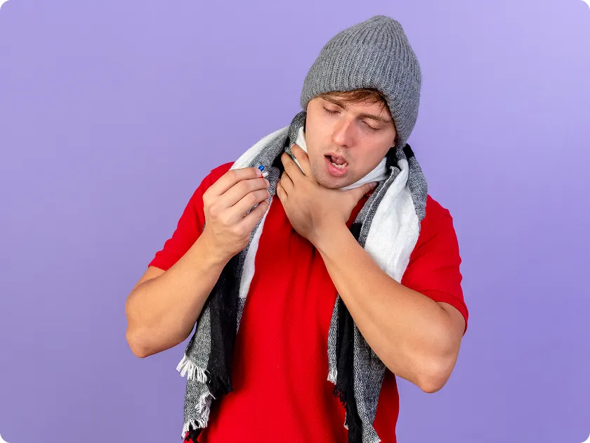 Man coughing with scarf showing dust allergy symptom, respiratory irritation.
