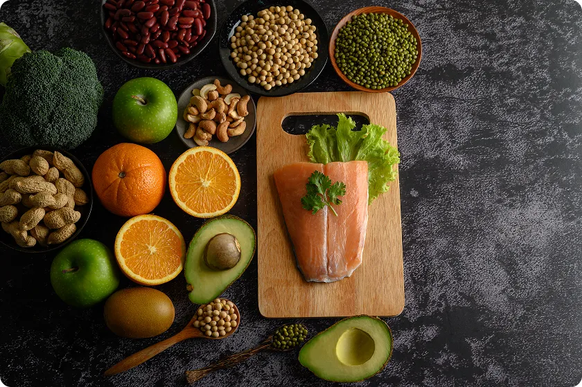 Balanced selection of fresh foods high in carbs and low in calories.