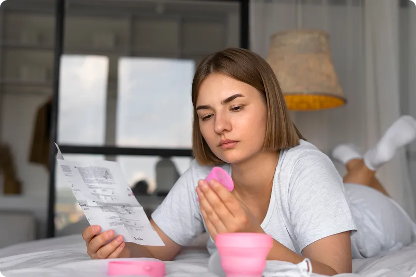 Woman lying on bed reviewing information regarding the difference between perimenopause and menopause.