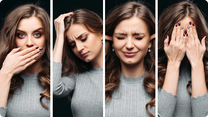 Sequence of a woman expressing pain and irritation from dust allergy.