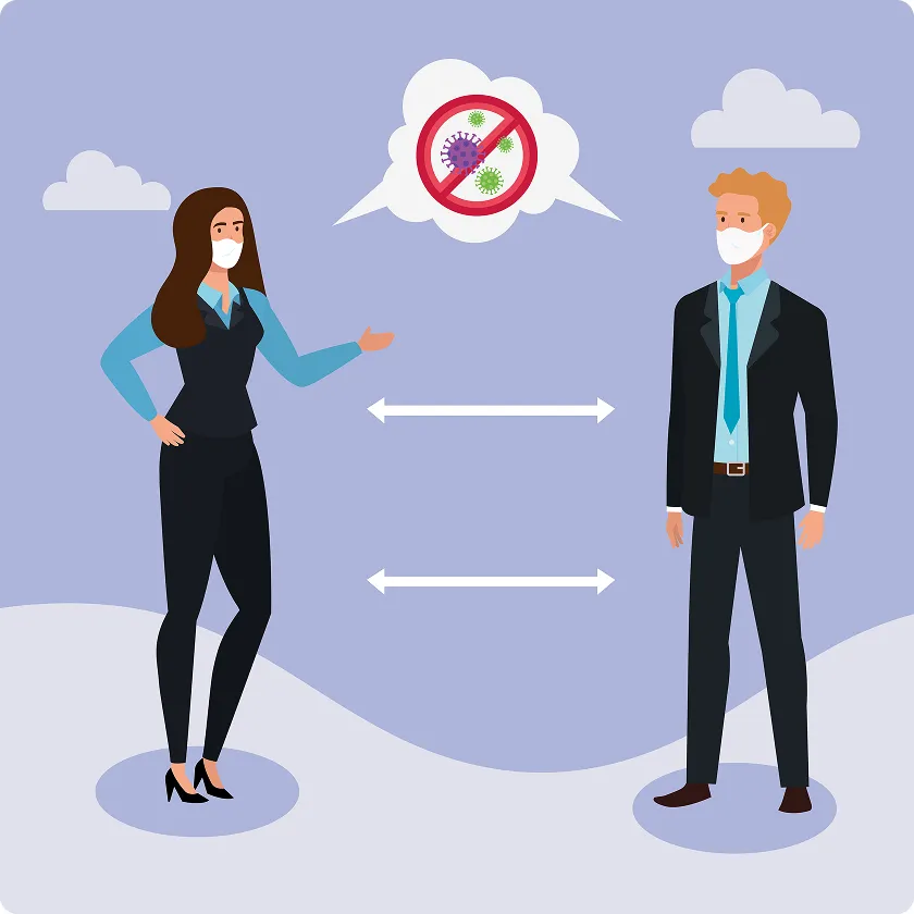 Business illustration showing social distancing for dust allergy control.