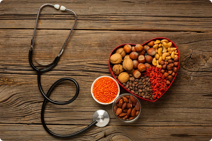 Heart failure diet foods with nuts, lentils, and a stethoscope.