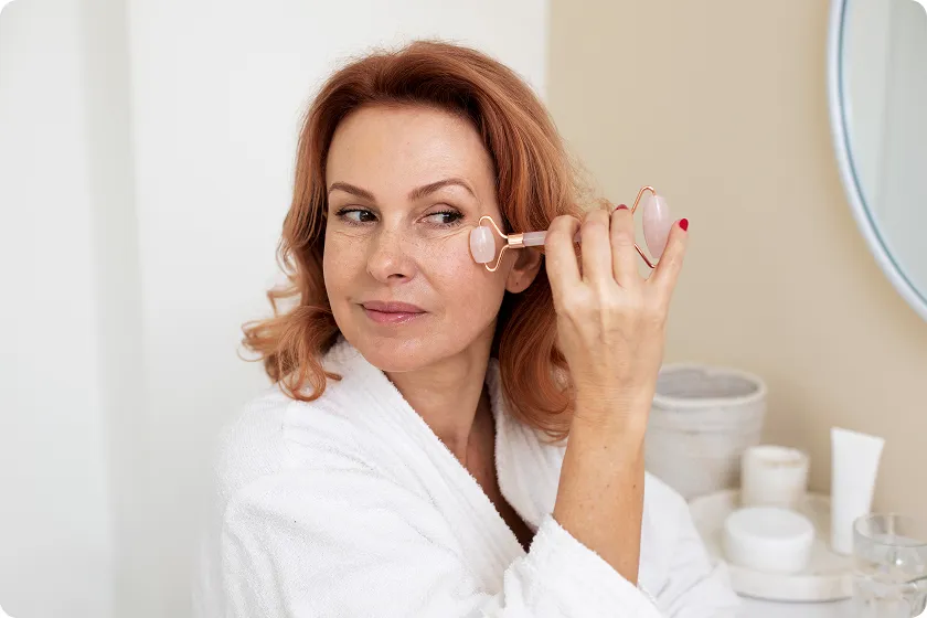 Woman uses facial massage tool during a mature skin care routine.