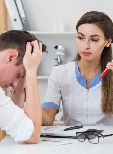 Woman wearing headset presses temples while exploring chronic migraine treatment options.