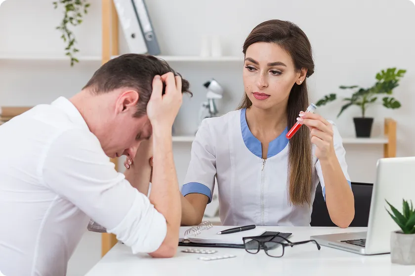 Woman wearing headset presses temples while exploring chronic migraine treatment options.