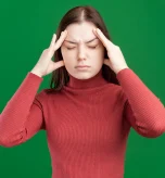Young woman holds temples, challenging migraine myths and migraine misconceptions.