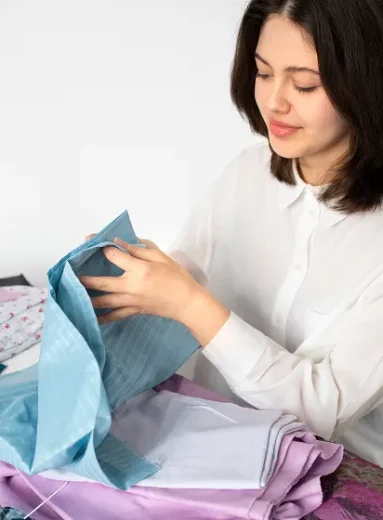 3 Woman carries clean clothes, supporting laundry routine skin health with fragrance-free detergent.