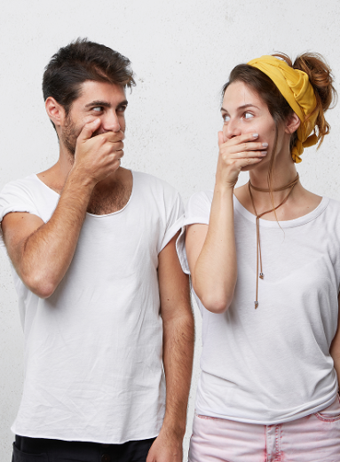 1 Man and woman laughing while covering mouths, explaining why like the smell of own farts