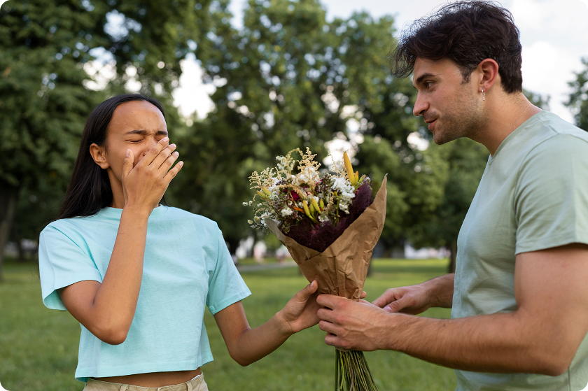 Woman covering nose near flowers questioning why do farts smell good to me